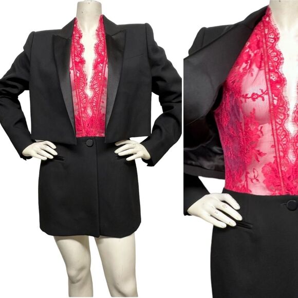 ALEXANDER McQUEEN Trompe L'Oeil Wool Silk Tuxedo Jacket Pink Lace Top S M 6 8 - Picture 1 of 16